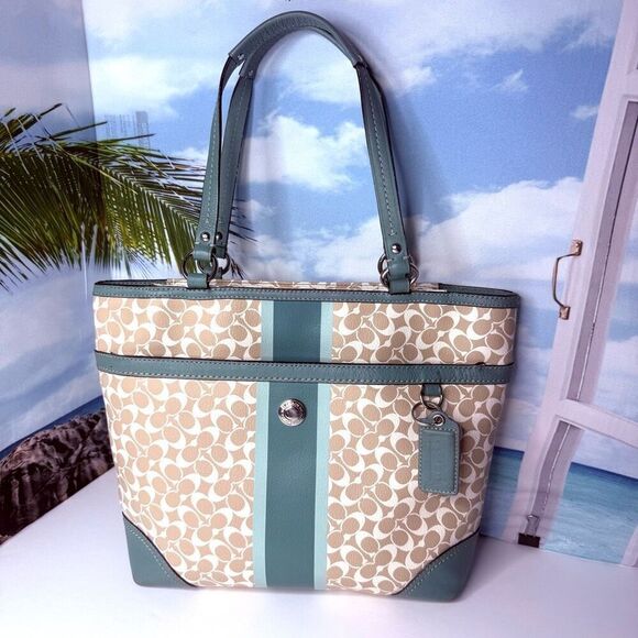 Coach Chelsea Heritage Stripe Signature Tote Teal & Khaki Coated Canvas #F15137 - Picture 1 of 12